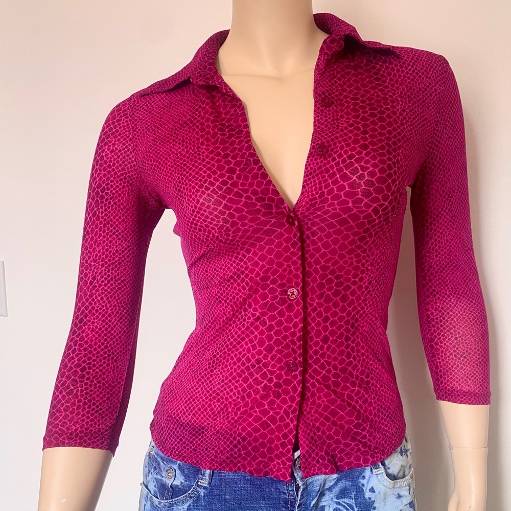 Women's Pink Mesh Snakeskin Button-Up Top